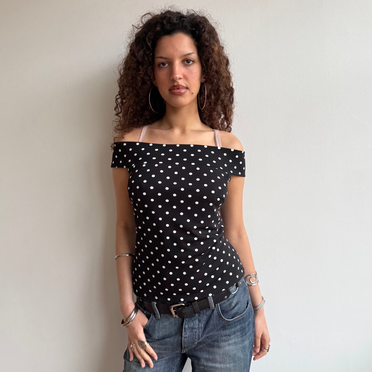 Black polka dot Bardot top - Size M