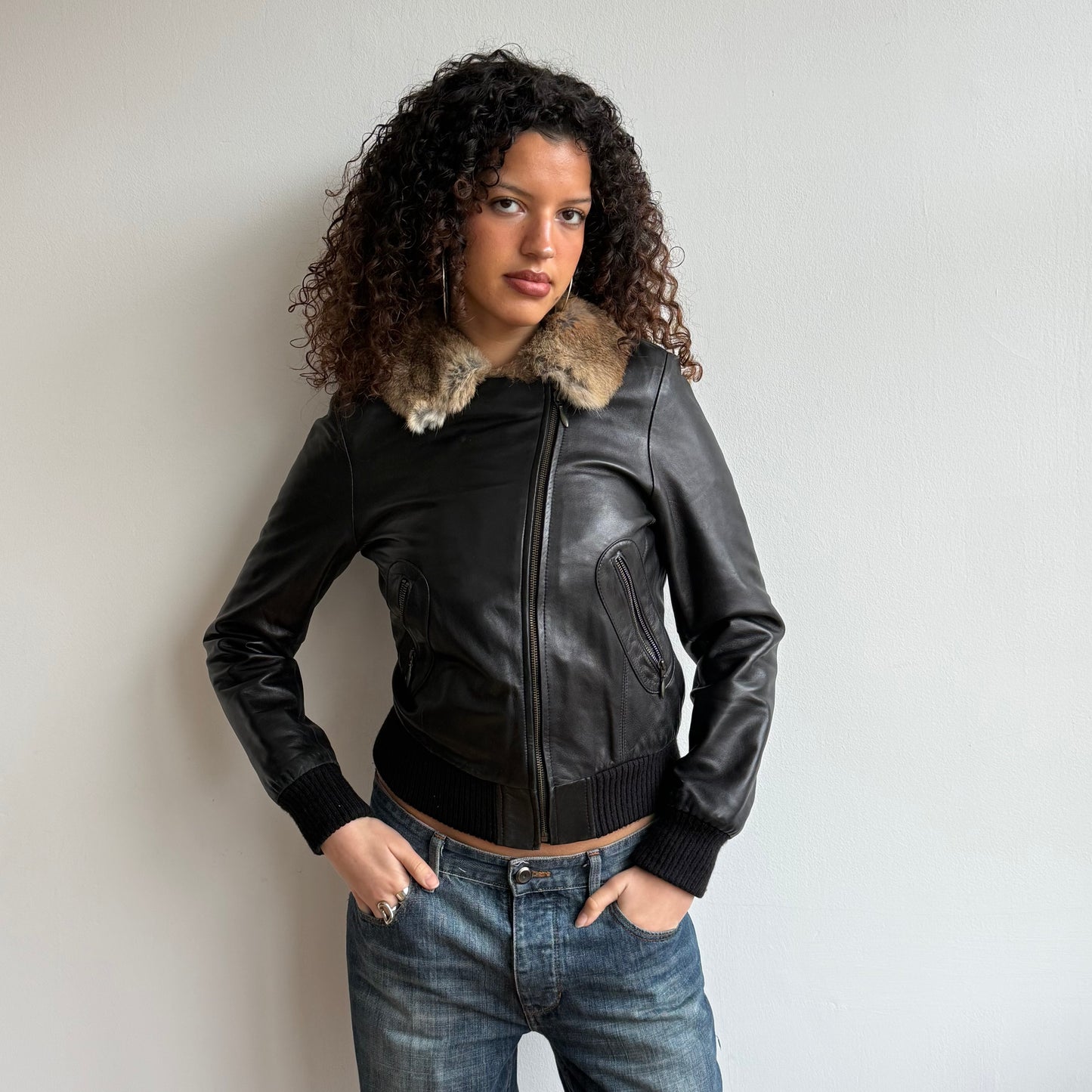 Black leather fur zip jacket - Size M