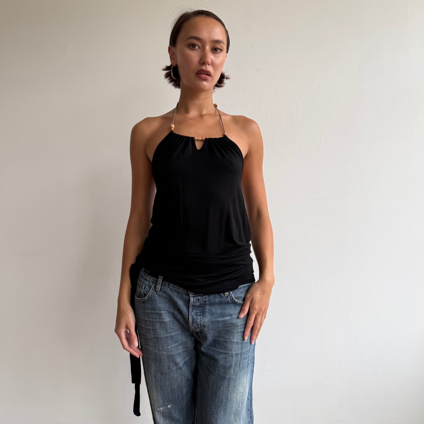 Black bead halter ruffle top - Size S