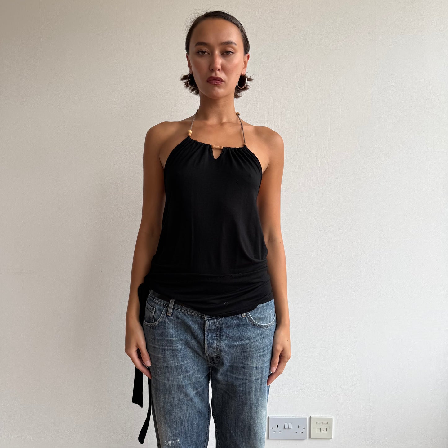 Black bead halter ruffle top - Size S