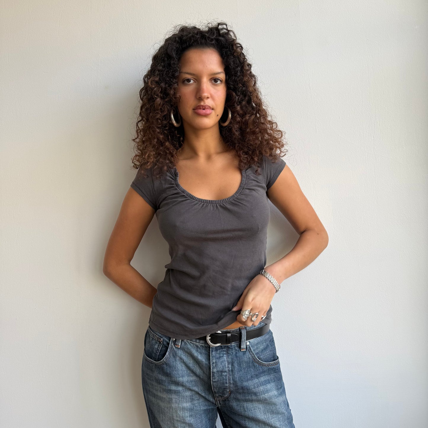 Charcoal ruched neck top - Size M