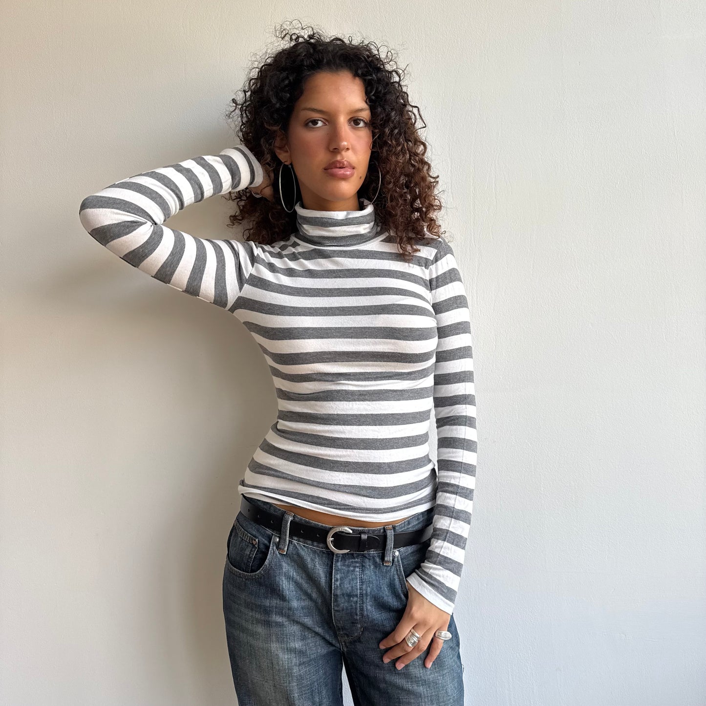 Grey + white stripe roll neck - Size S