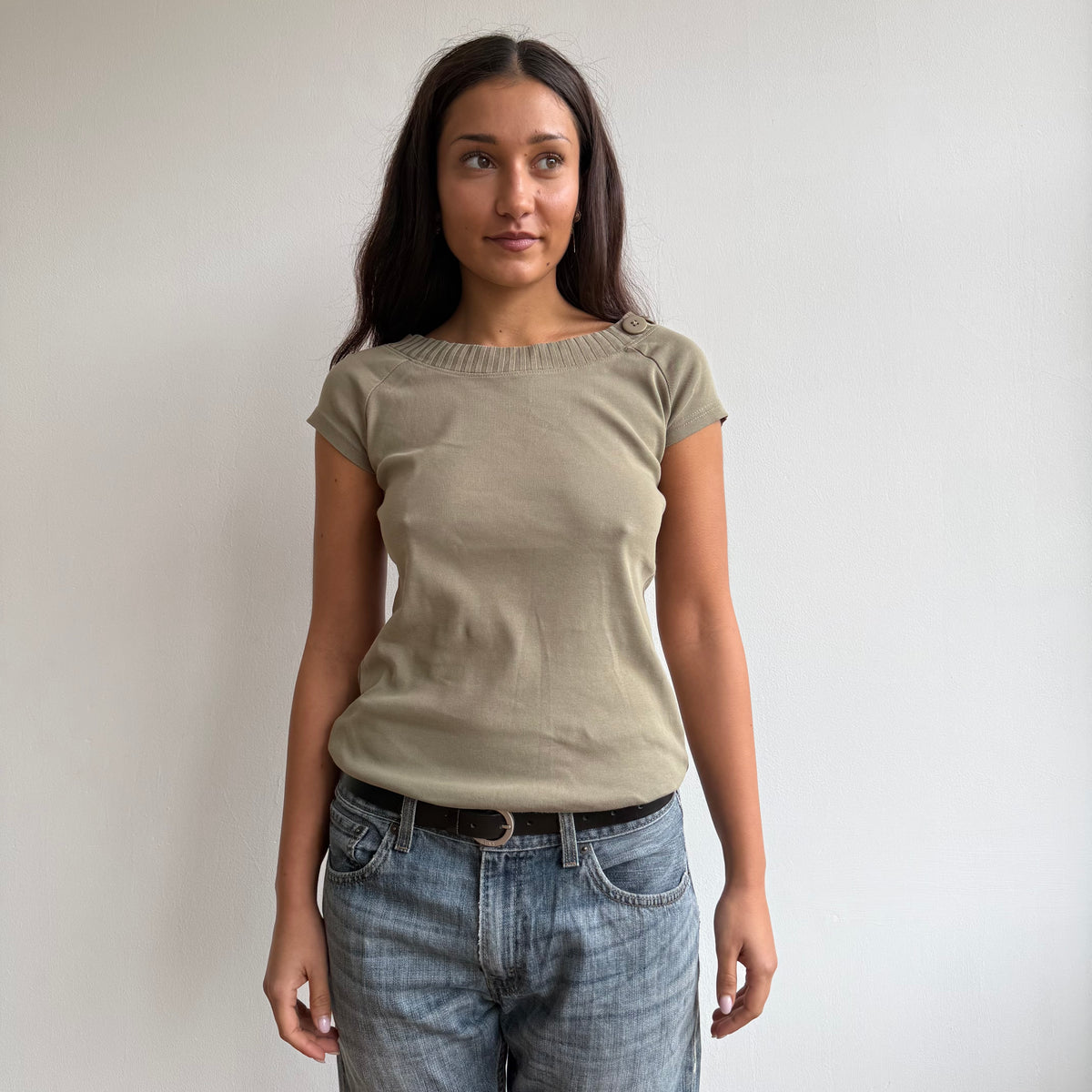 Khaki short sleeve button top - Size M
