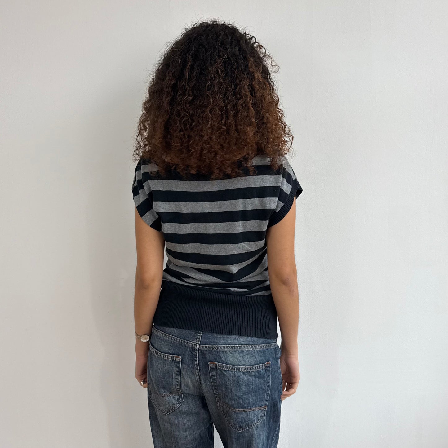 Black + grey stripe short sleeve knit - Size M