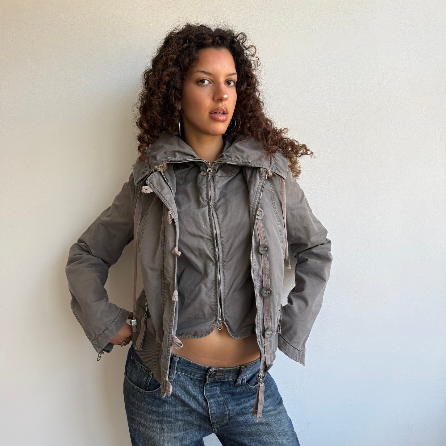 Grey fur hood cargo bomber jacket - Size S/M