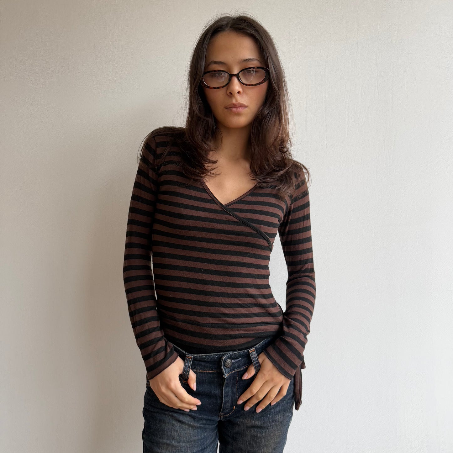 Brown striped wrap top - Size S