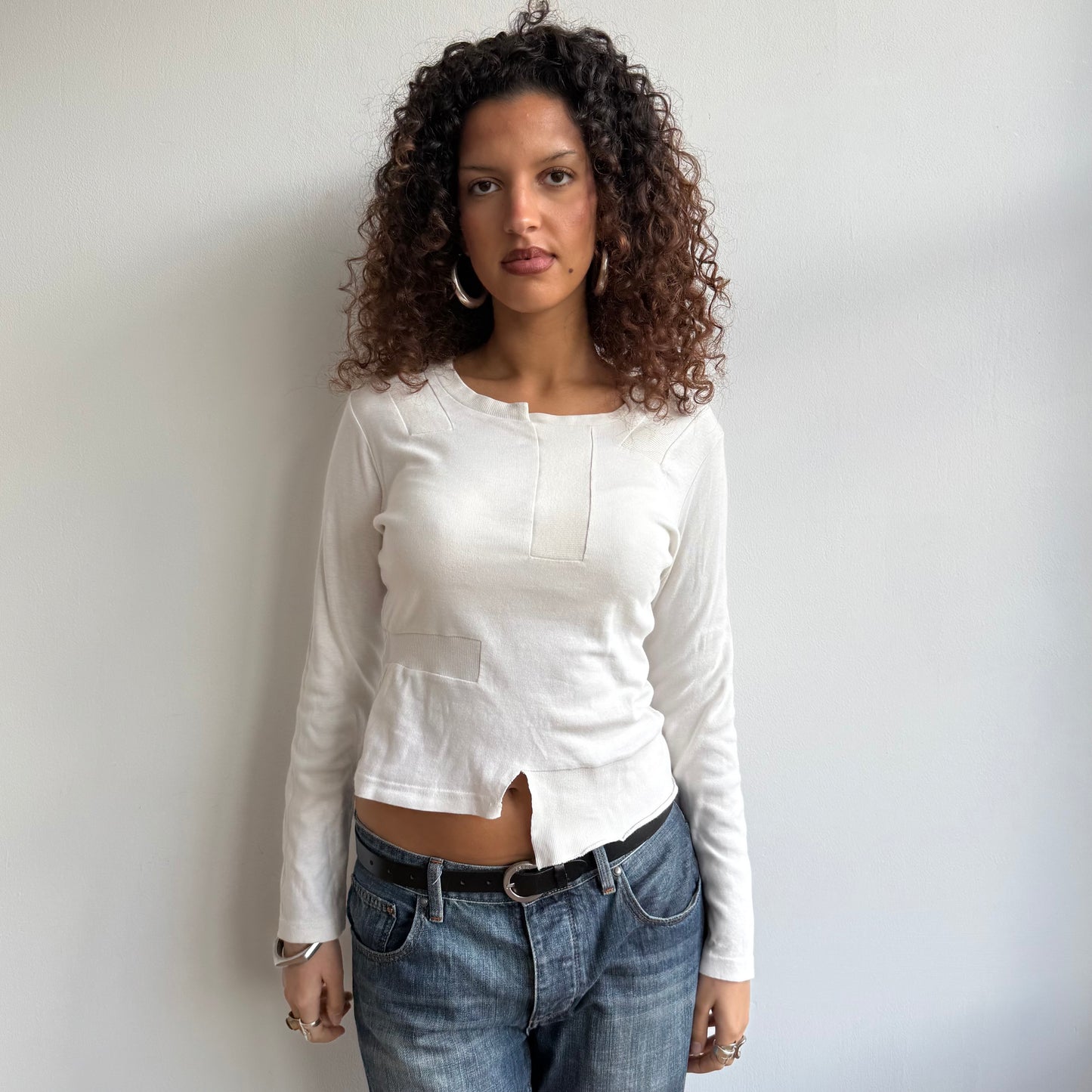 Cream patchwork long sleeve top - Size S