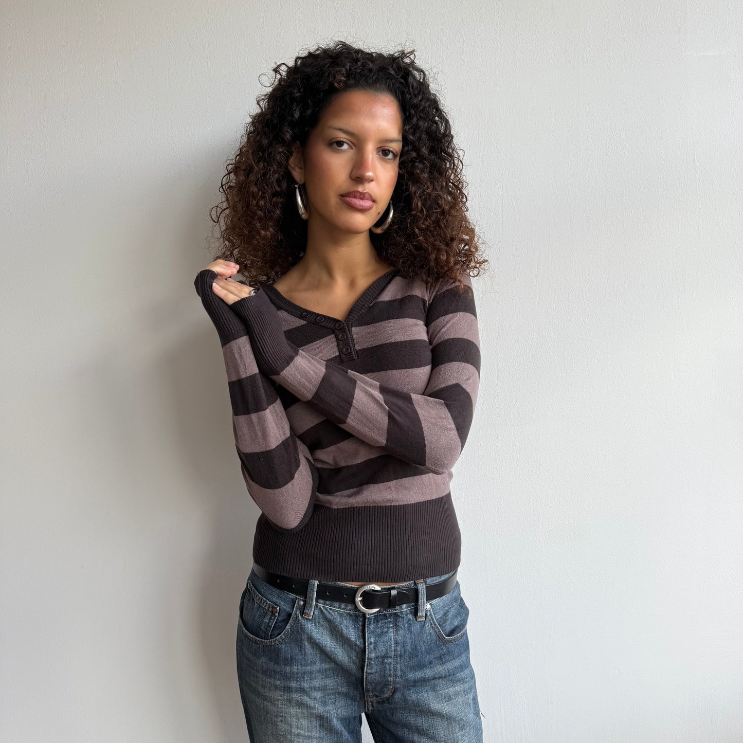 Brown striped knit hoodie - Size M-L