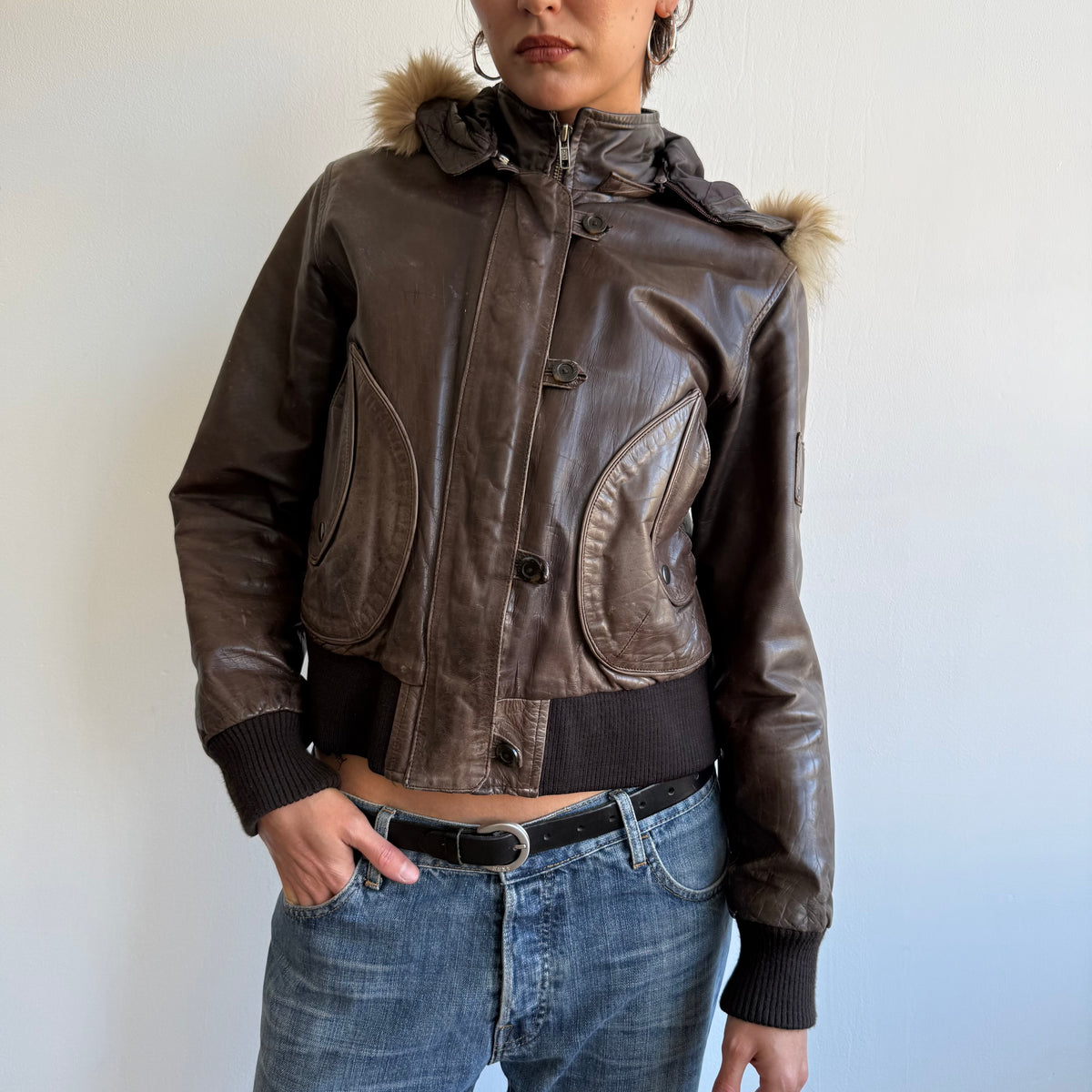 Brown leather fur hood bomber - Size M