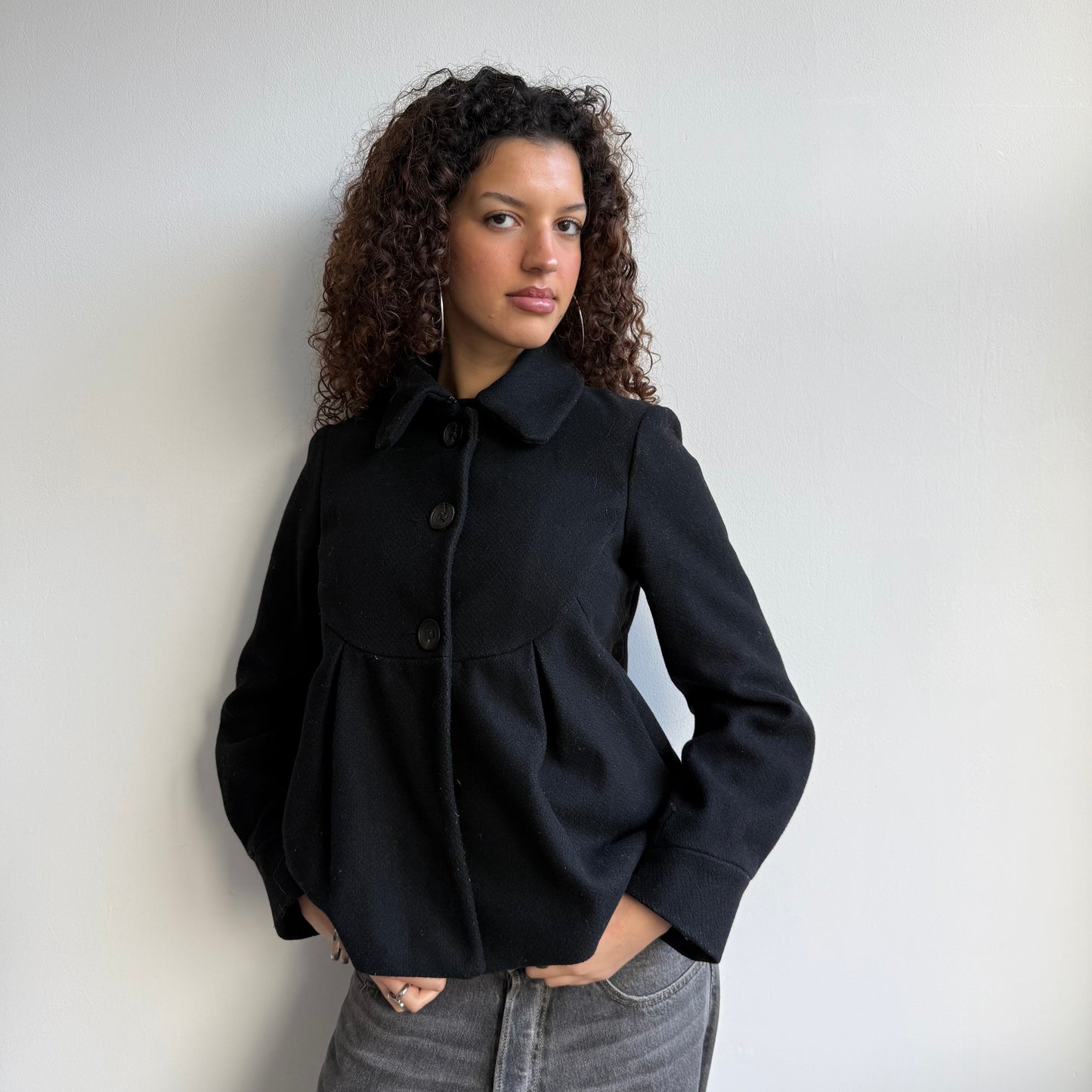 Black button wool swing coat - Size S