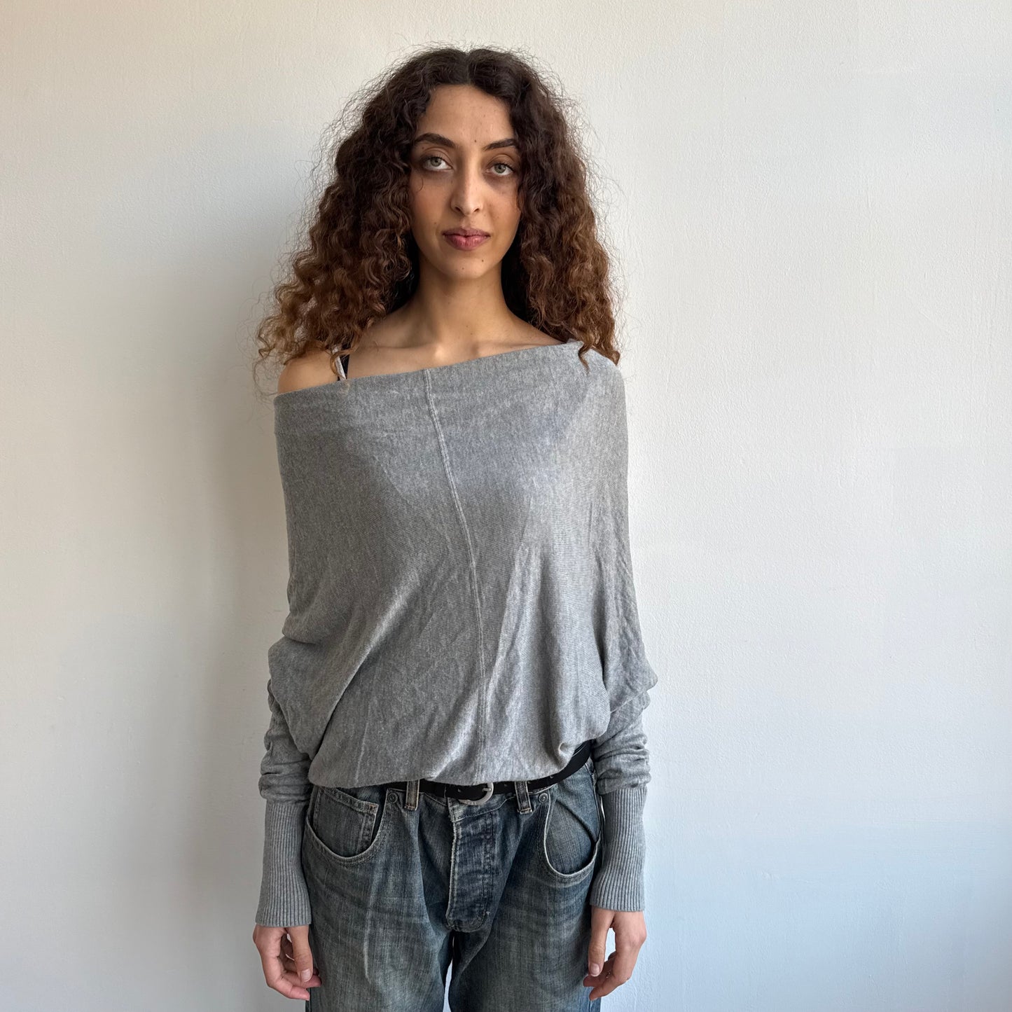Grey slouchy button batwing jumper - Size M