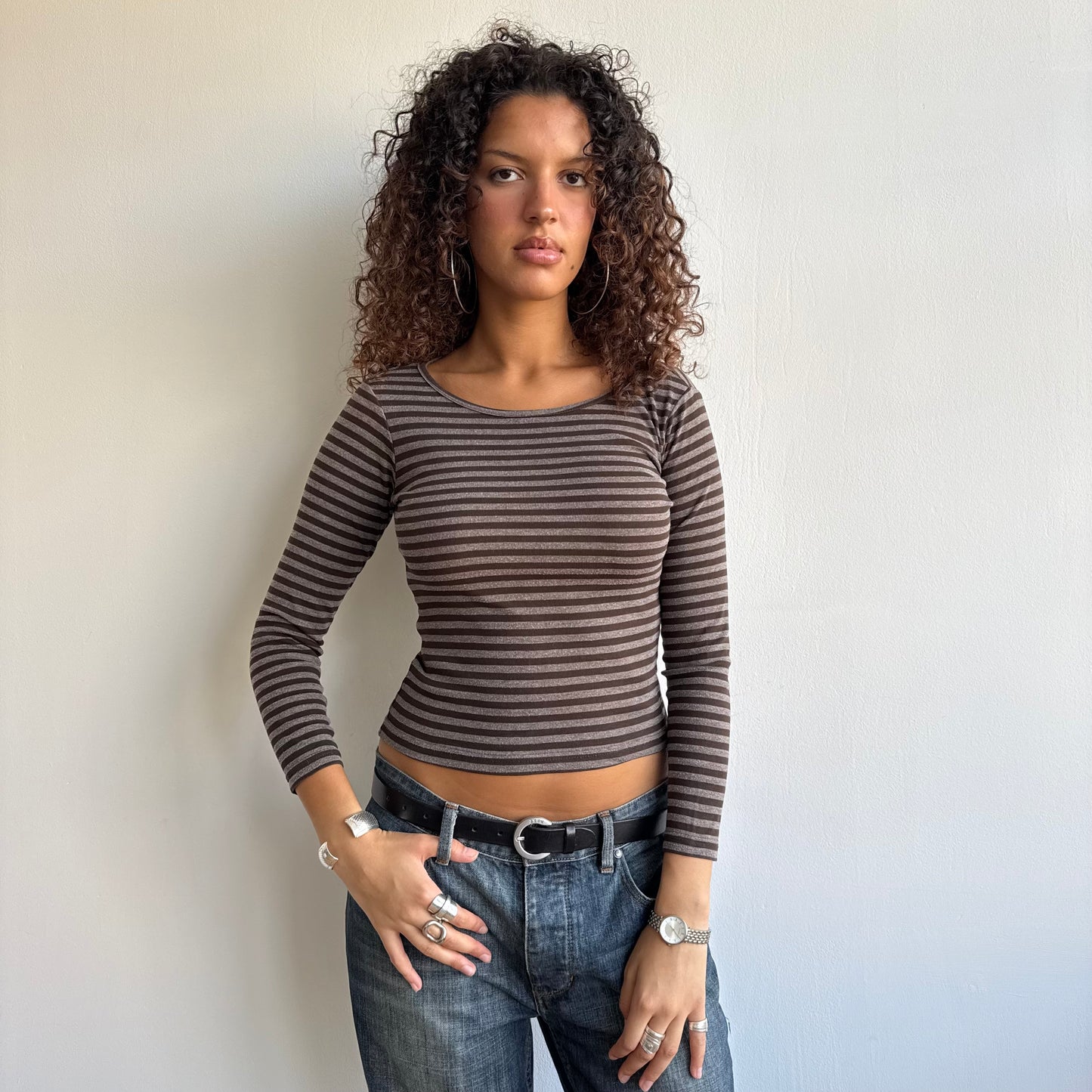 Brown + black striped top - Size XS