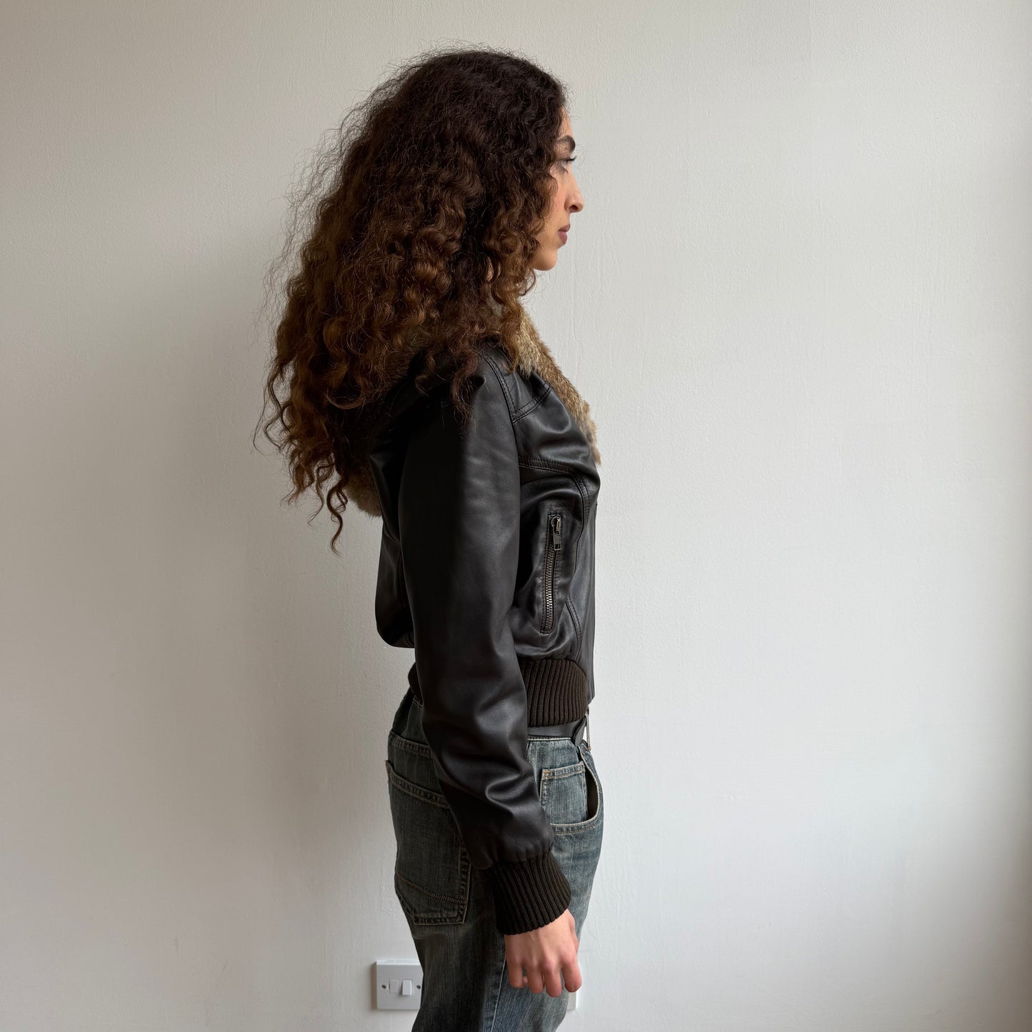 Dark brown leather fur hooded bomber - Size S