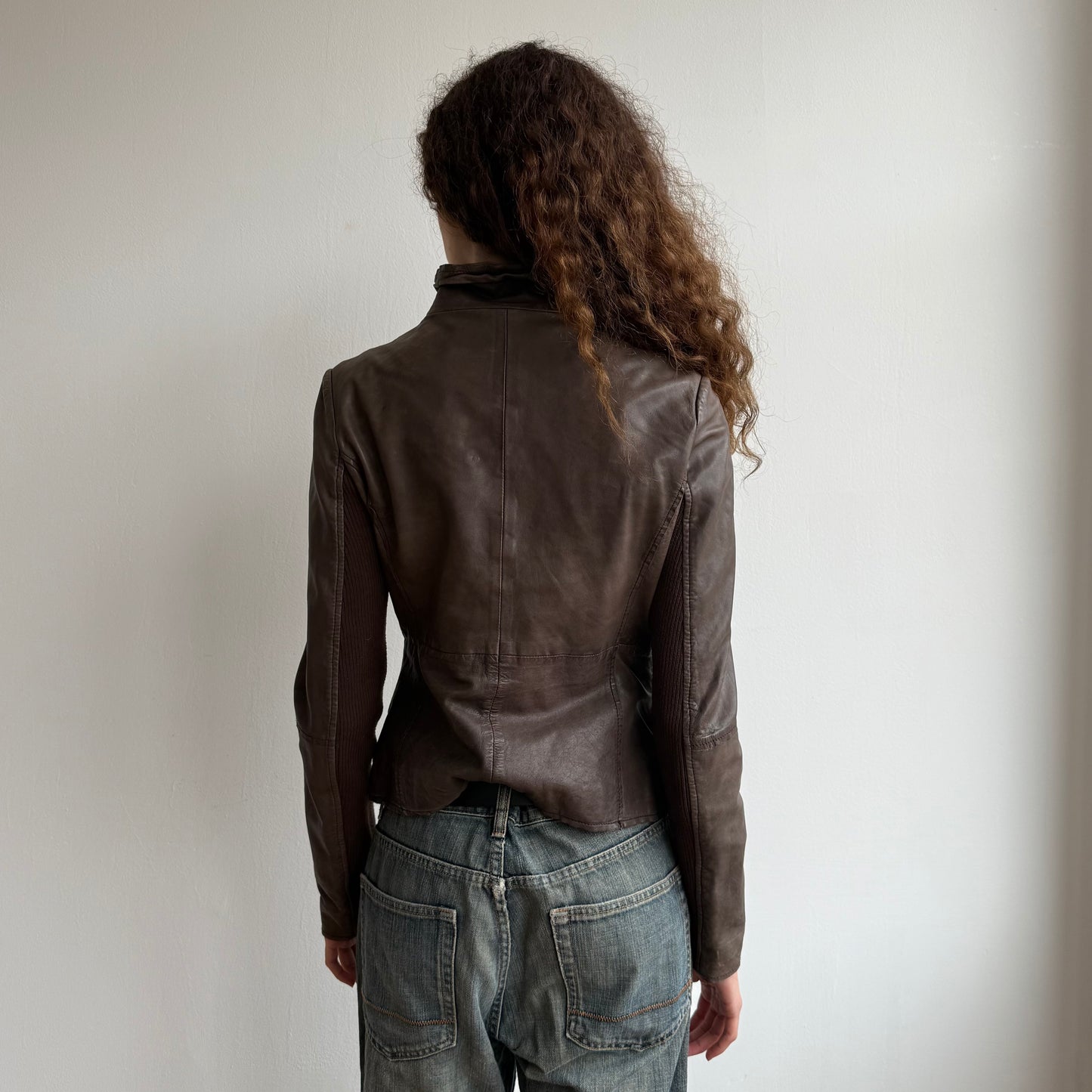 Brown leather asymmetric jacket - Size S