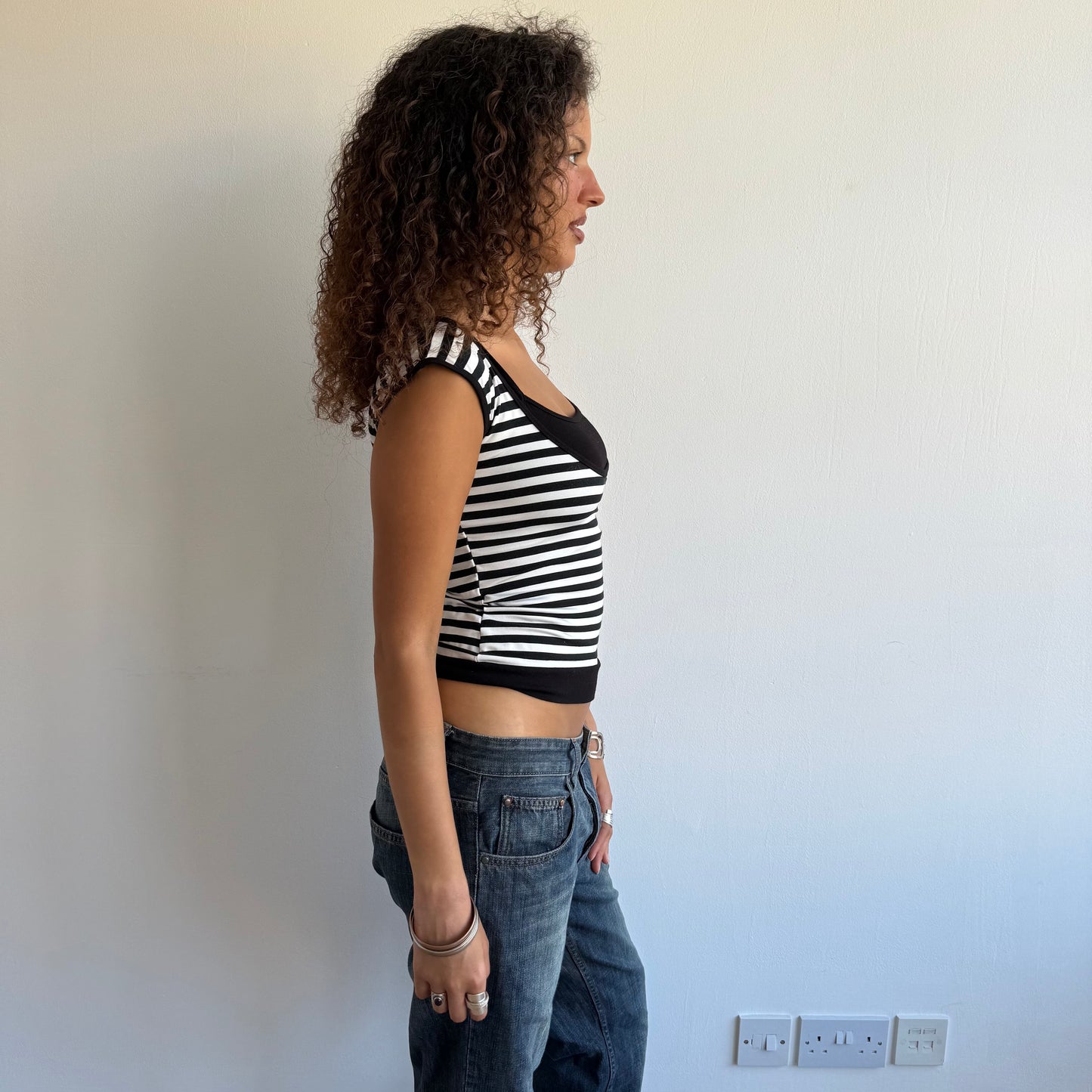Black + white striped bardot top - Size S