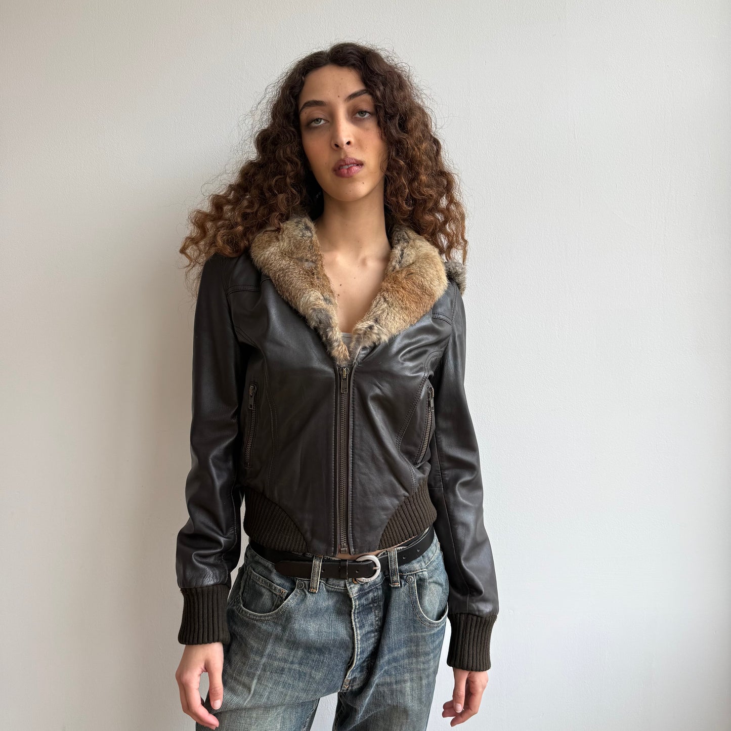 Dark brown leather fur hooded bomber - Size S