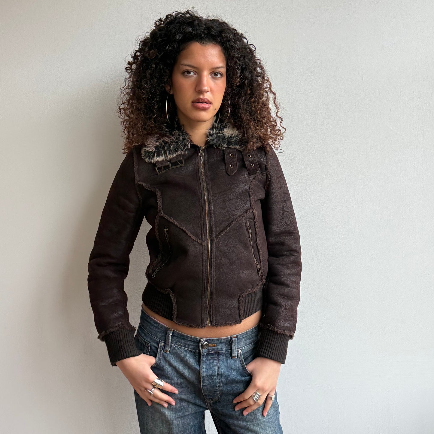 Brown faux suede fur collar bomber - Size S + M