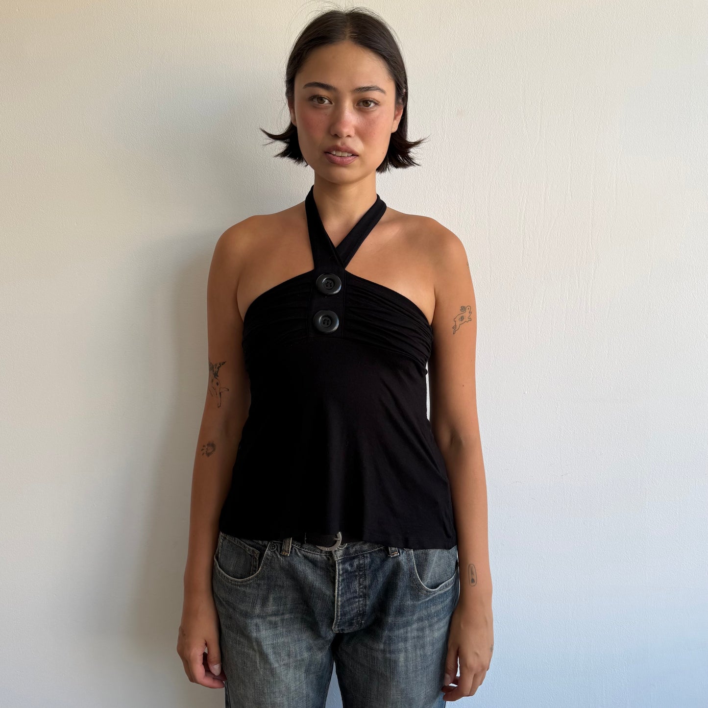 Black bandeau button halter top - Size S