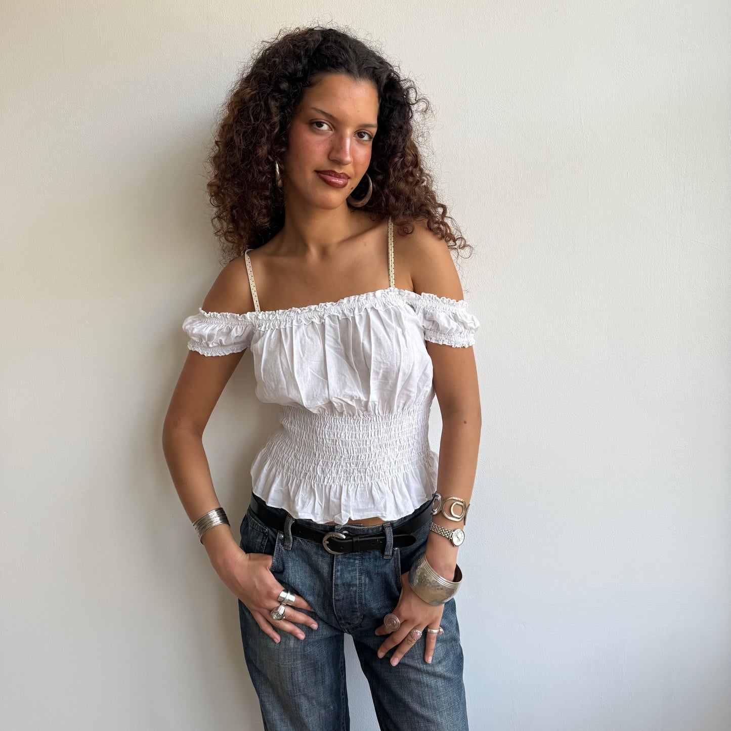 White ruched milkmaid top - Size S