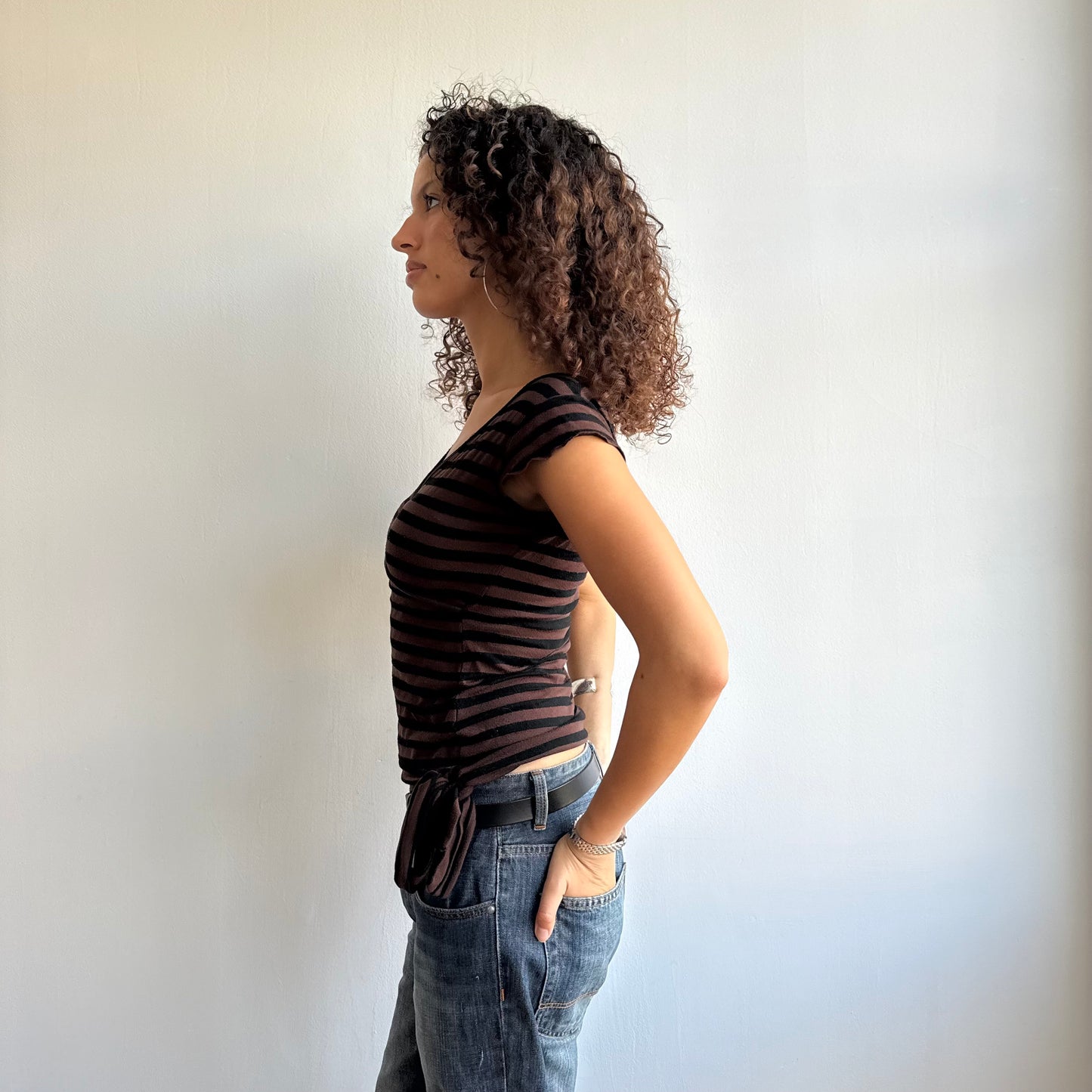 Brown + black stripe wrap top - Size M