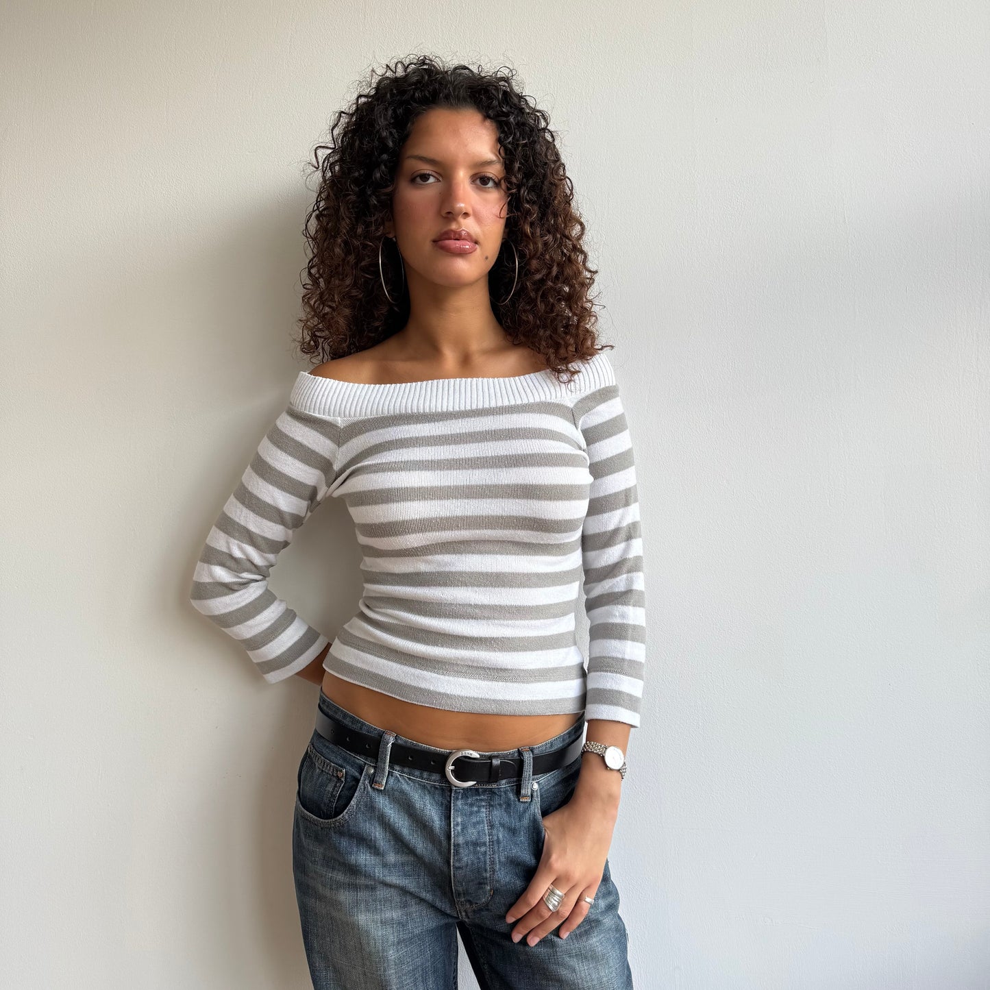 Grey + white striped Bardot knit - Size S