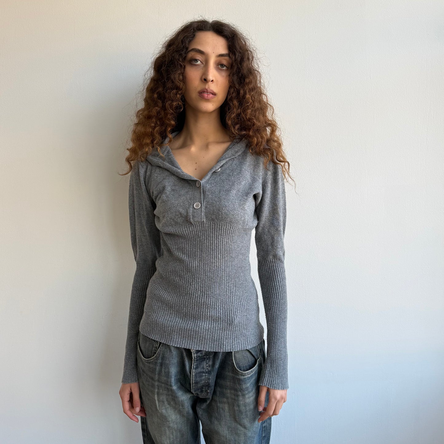 Charcoal hooded button knit - Size S