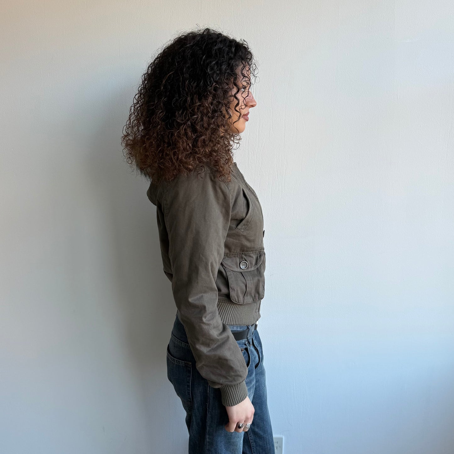 Khaki cargo bomber faux fur hood - Size S/M