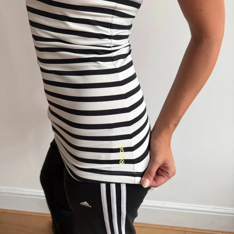 Reebok black + white striped gym top - Size S