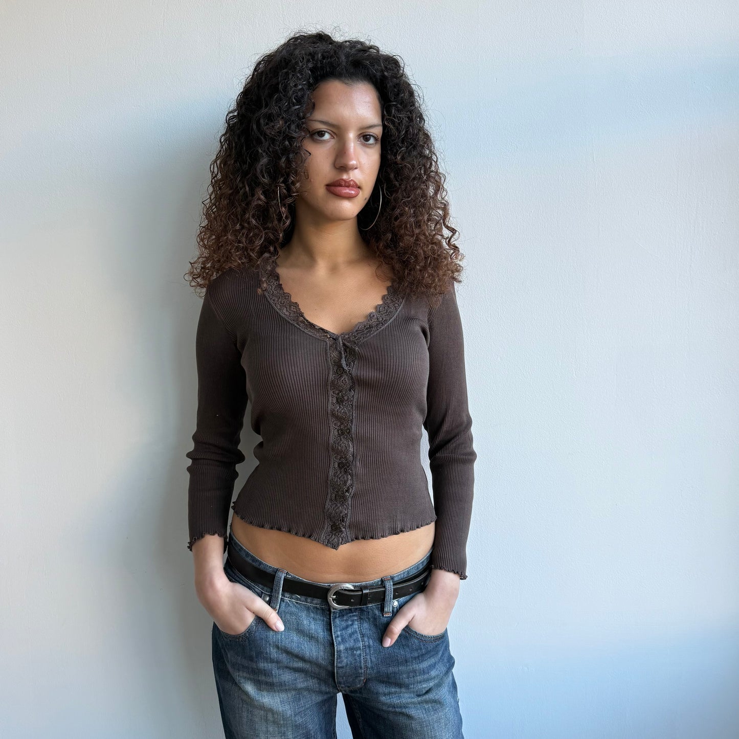 Brown ribbed lace cardi - Size S