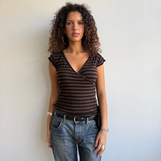 Brown + black stripe wrap top - Size M