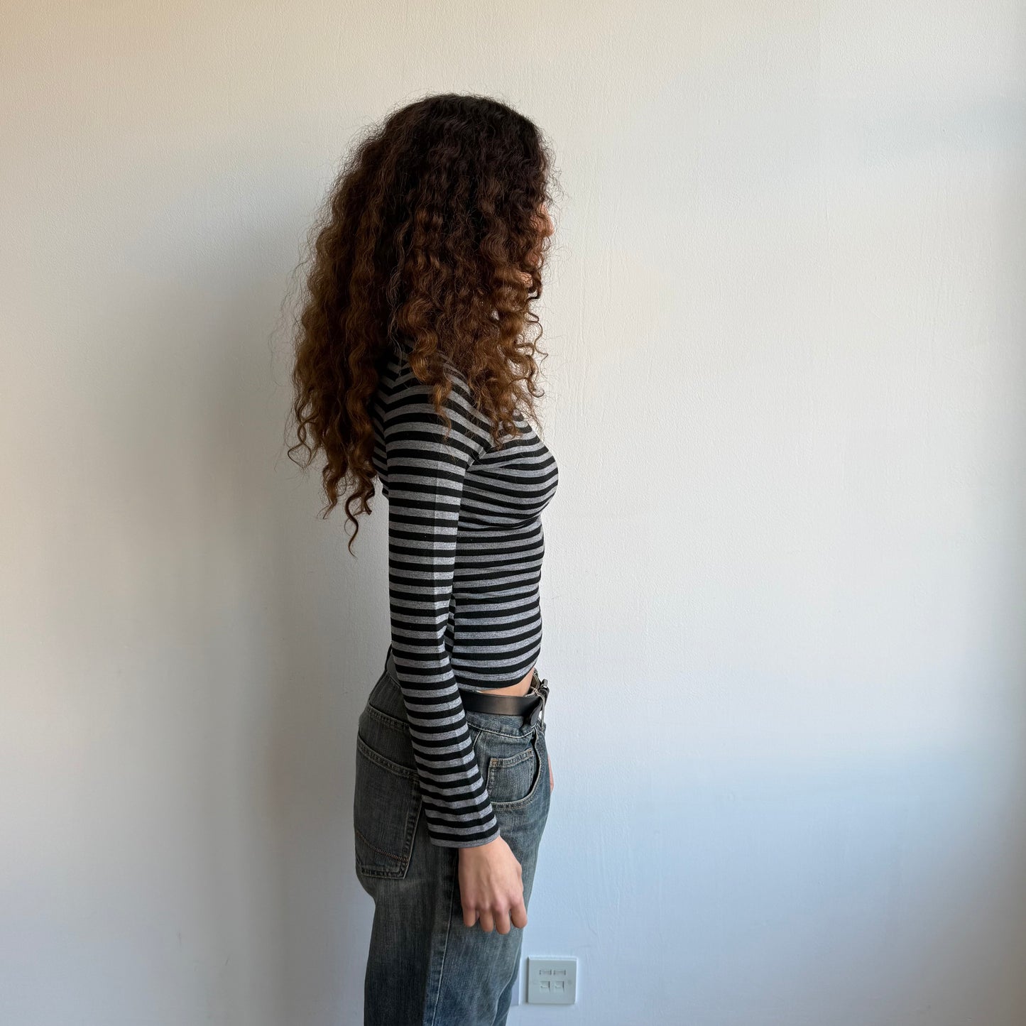 Black + grey striped long sleeve top - Size XS