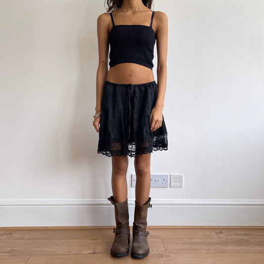 Black satin lace mini skirt - Size S