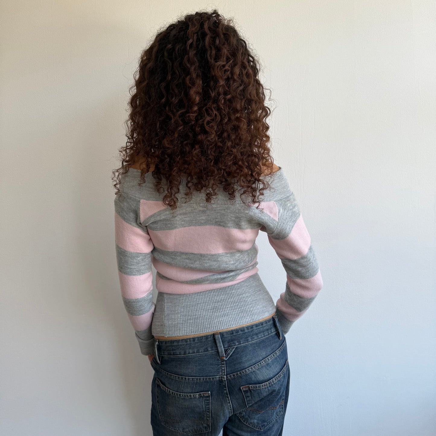 Pink + grey striped bardot knit - Size S/M