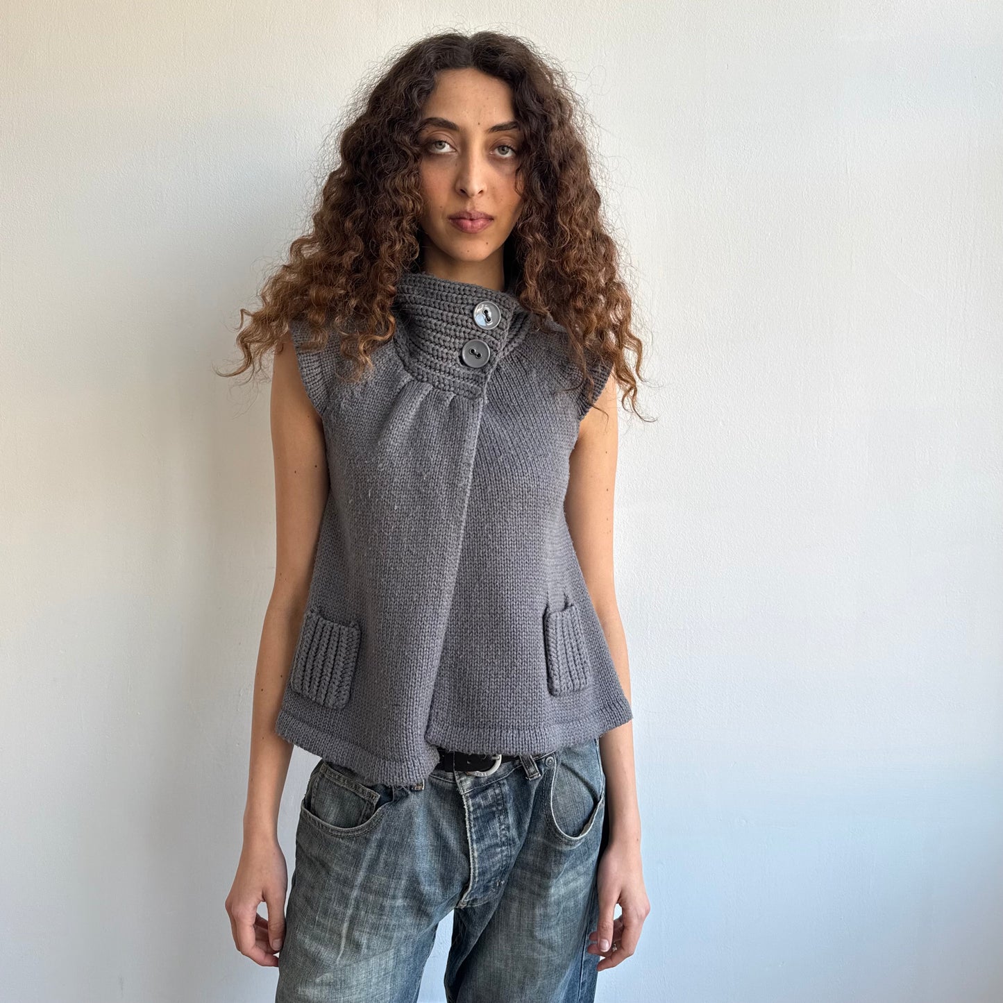 Grey button neck open front cardi - Size S