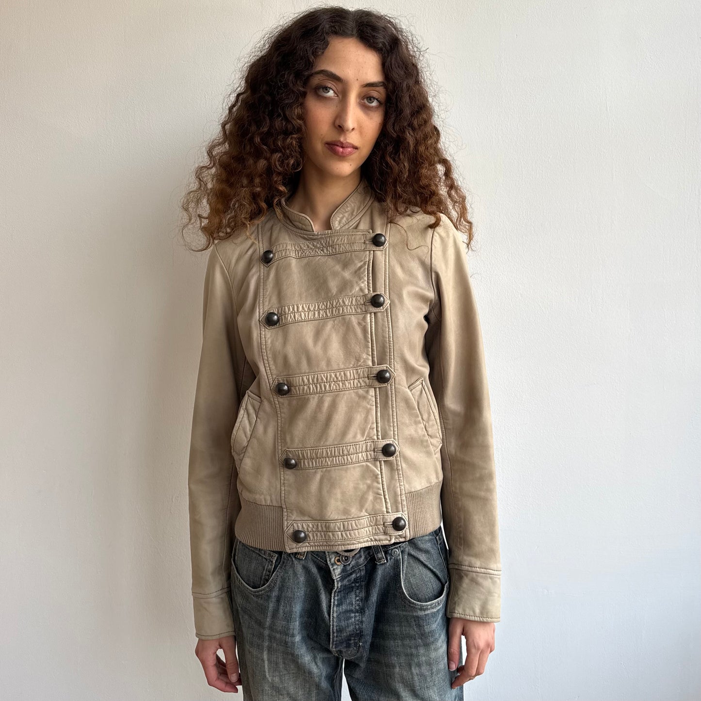 Beige leather military bomber - Size M