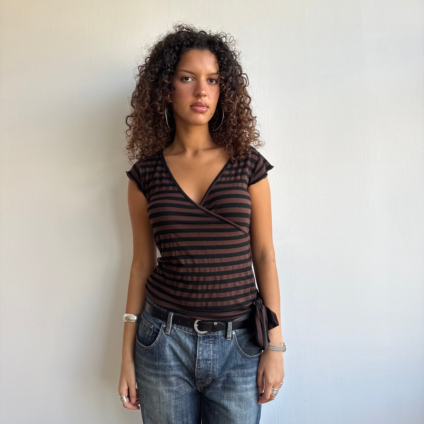 Brown + black stripe wrap top - Size M
