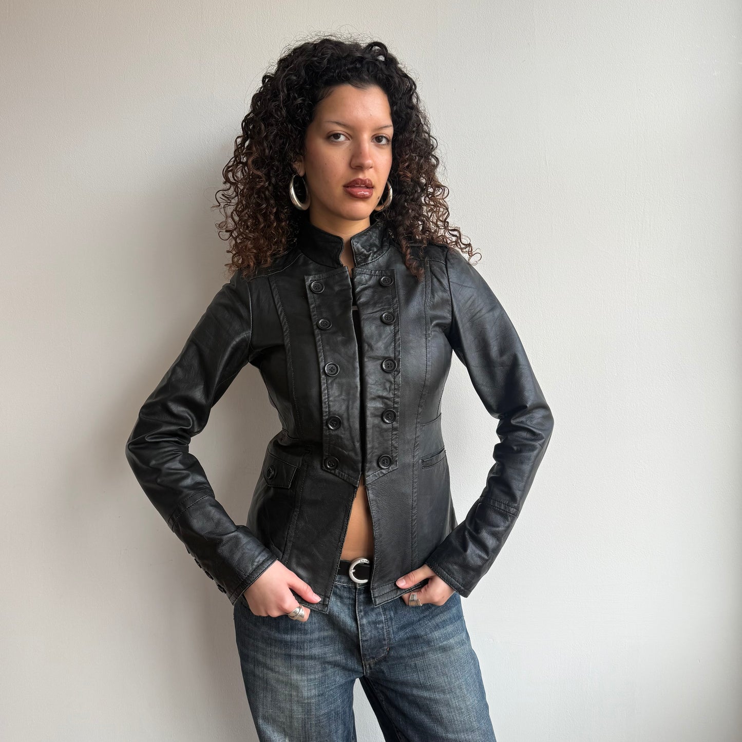 Black leather military jacket - Size S/M
