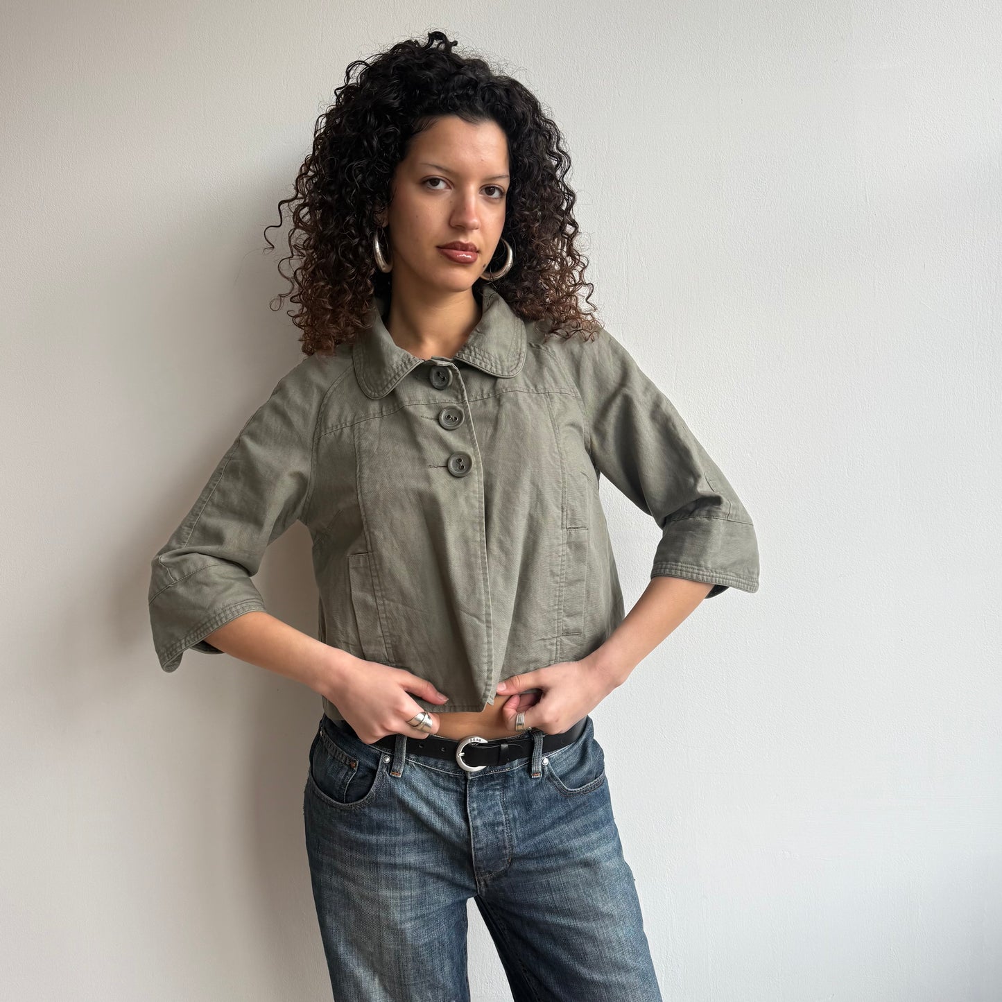 Khaki linen 3/4 sleeve peacoat - Size S/M