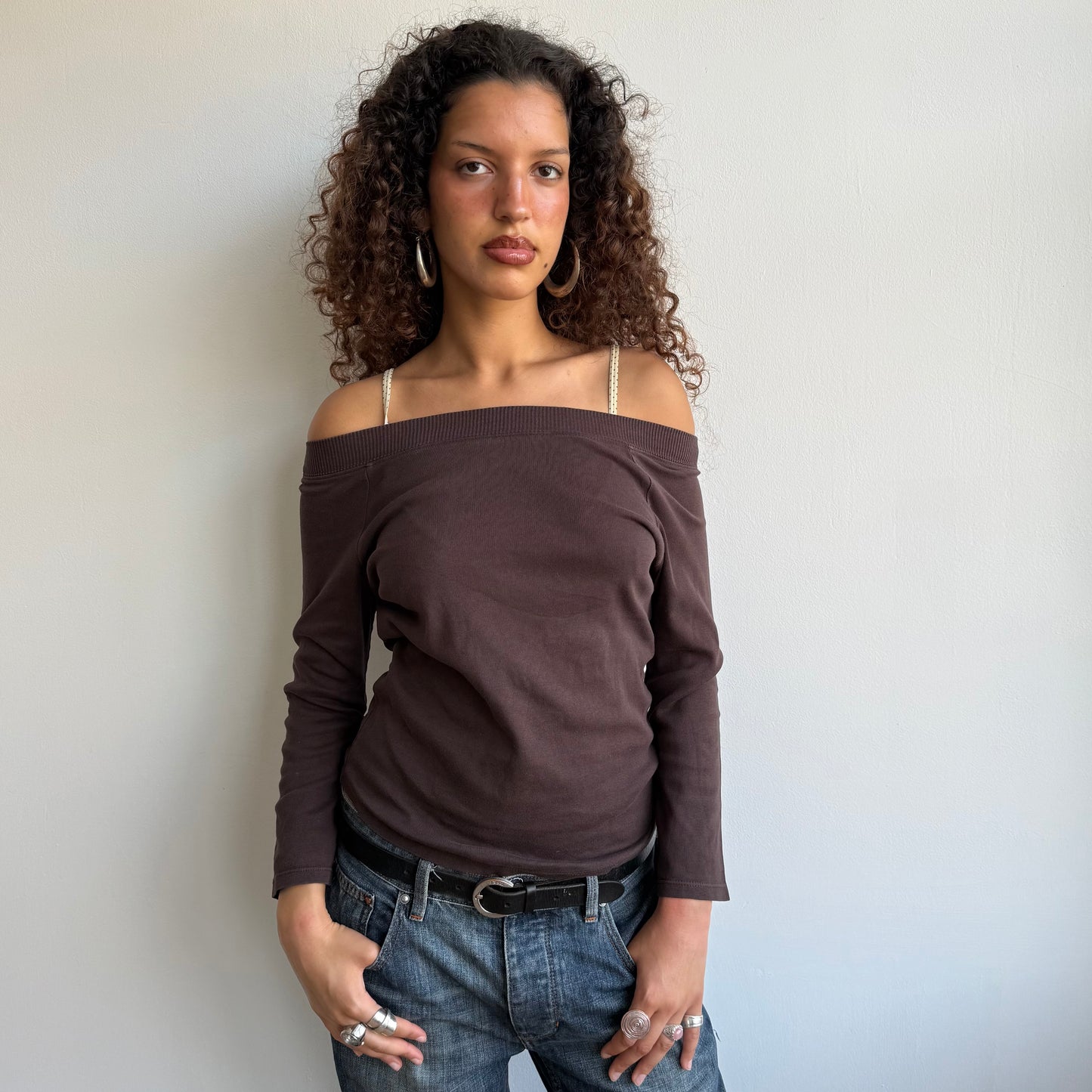 Brown bardot 3/4 sleeve top - Size S