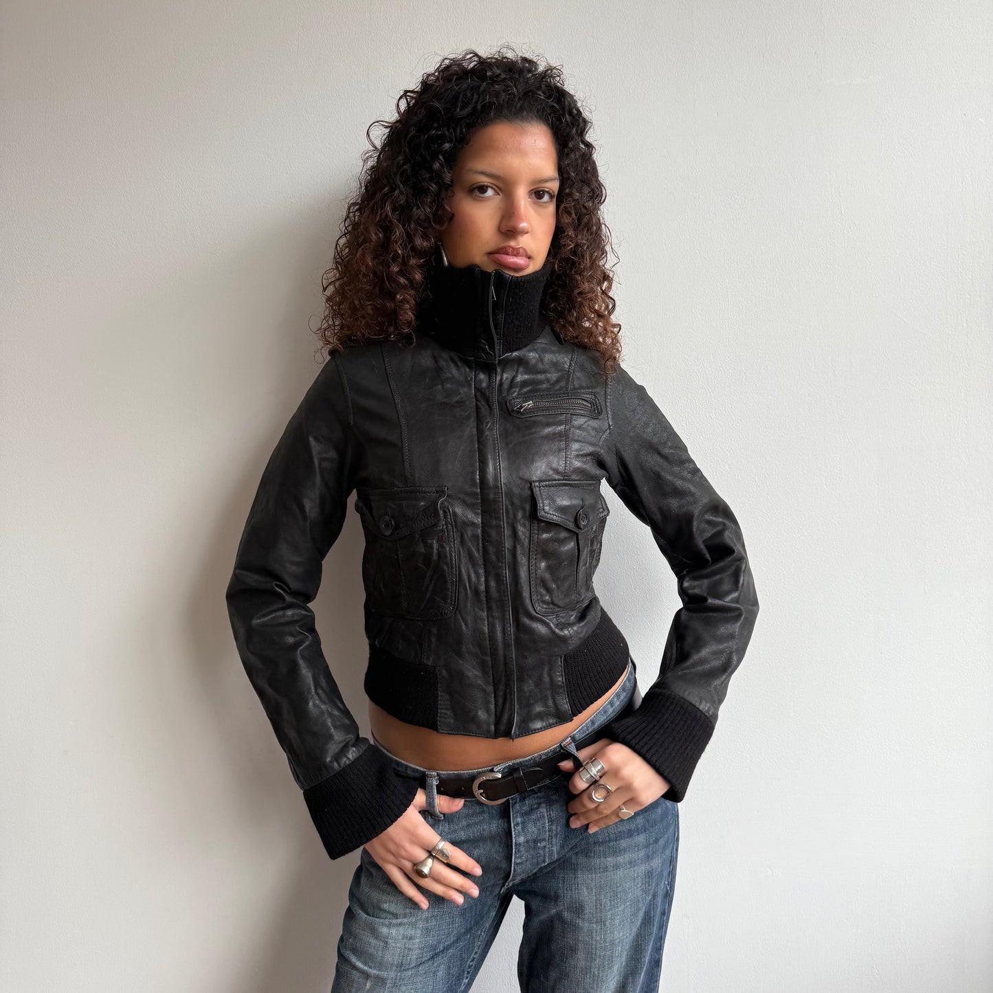 Black leather cargo jacket - Size S/M