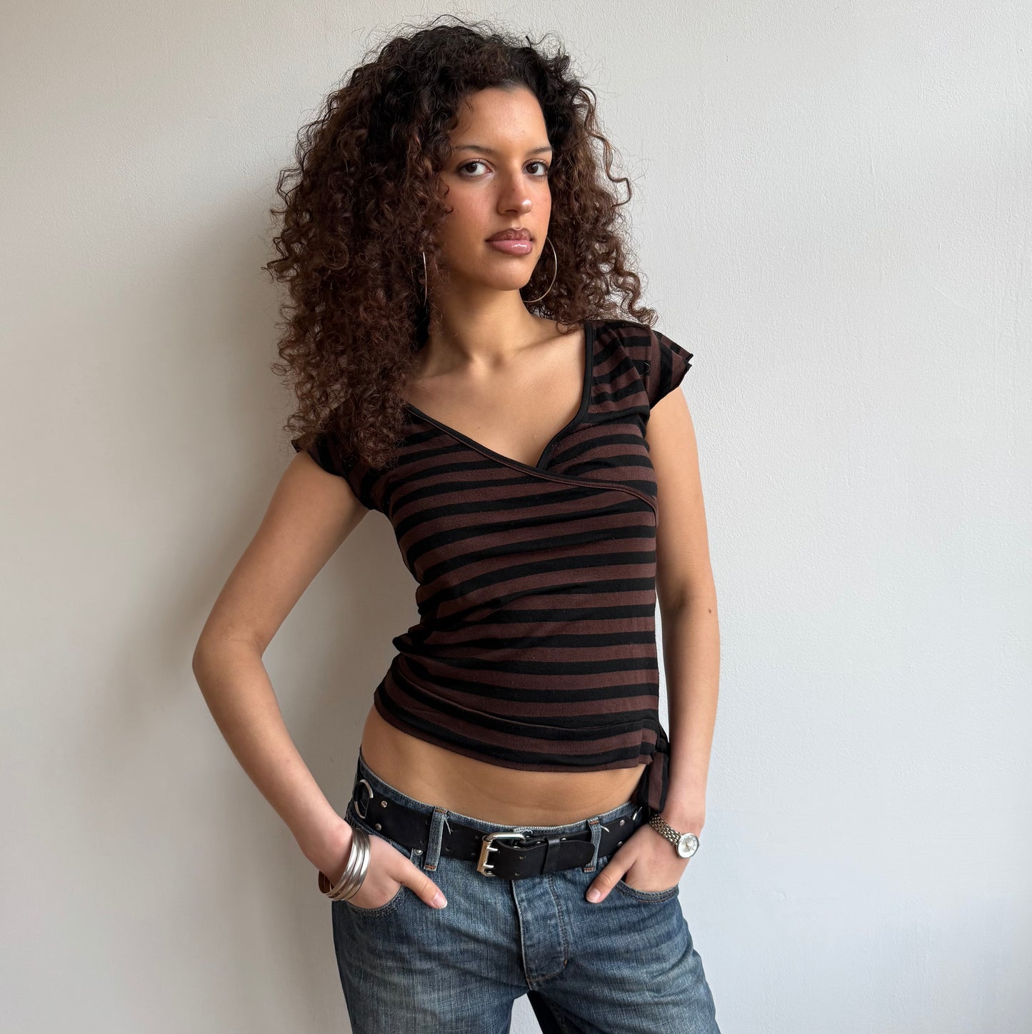 Brown striped ballet wrap top - Size M