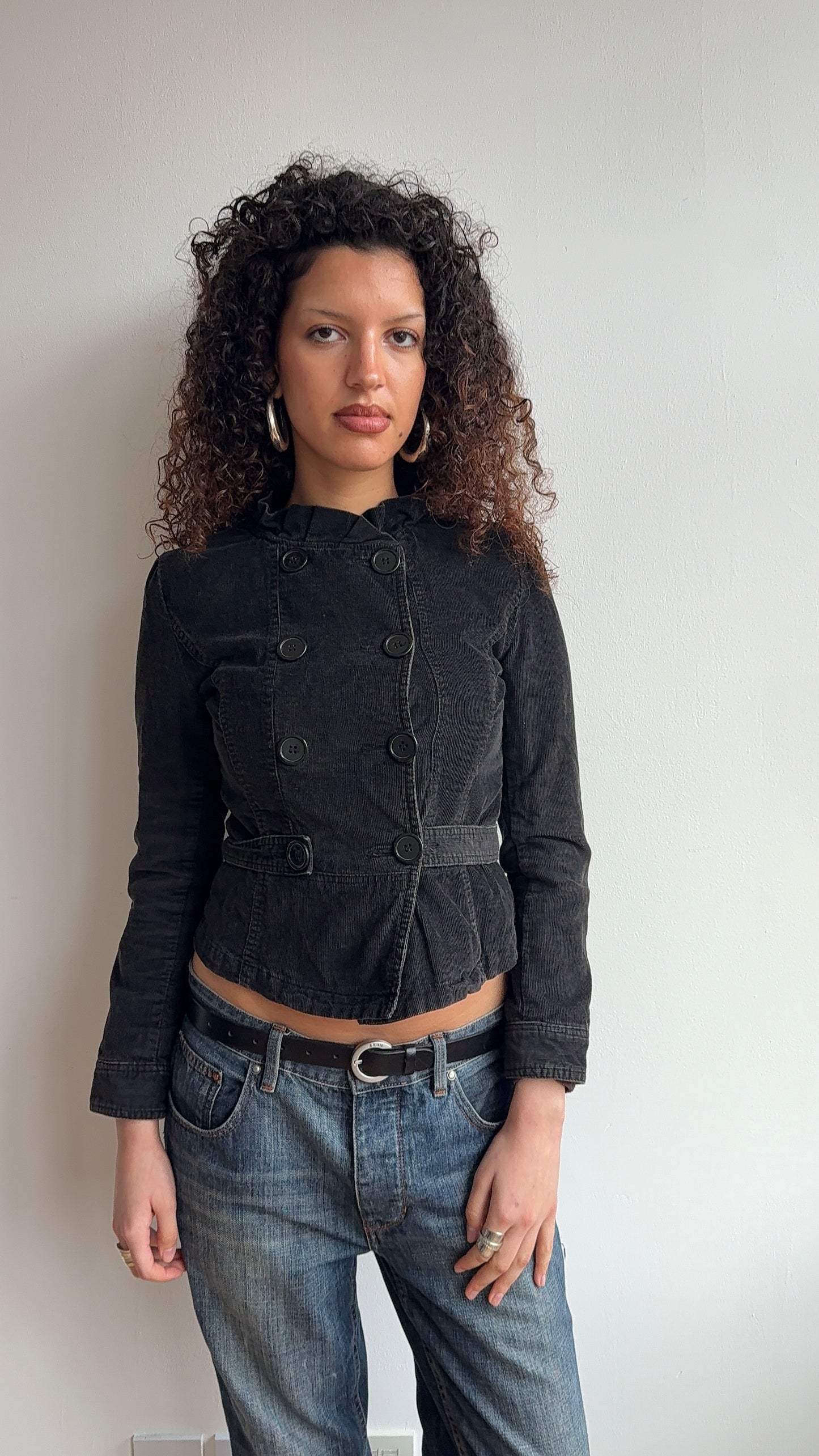 Black corduroy ruffle peacoat - Size S