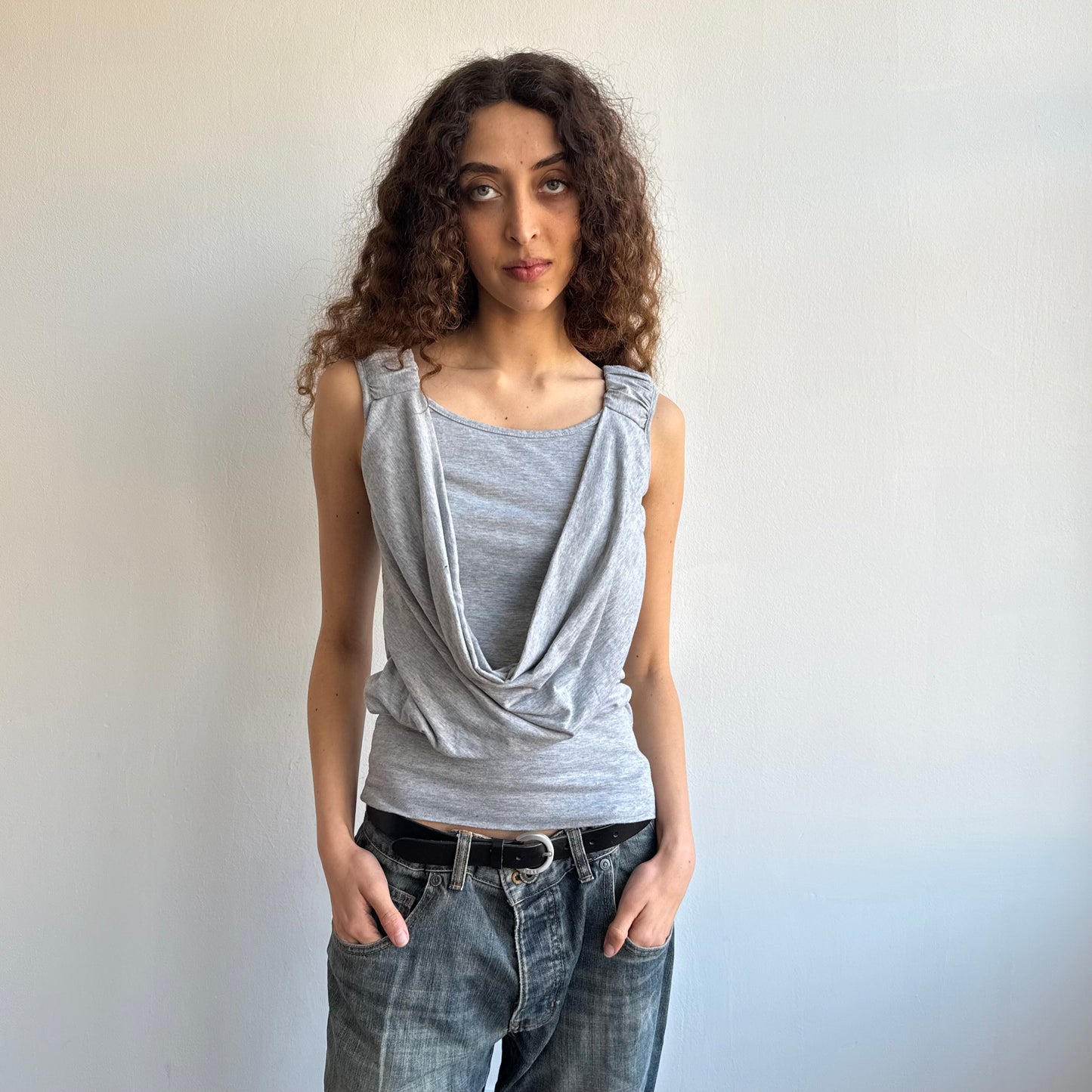 Grey ruched sleeve cowl top - Size S/M