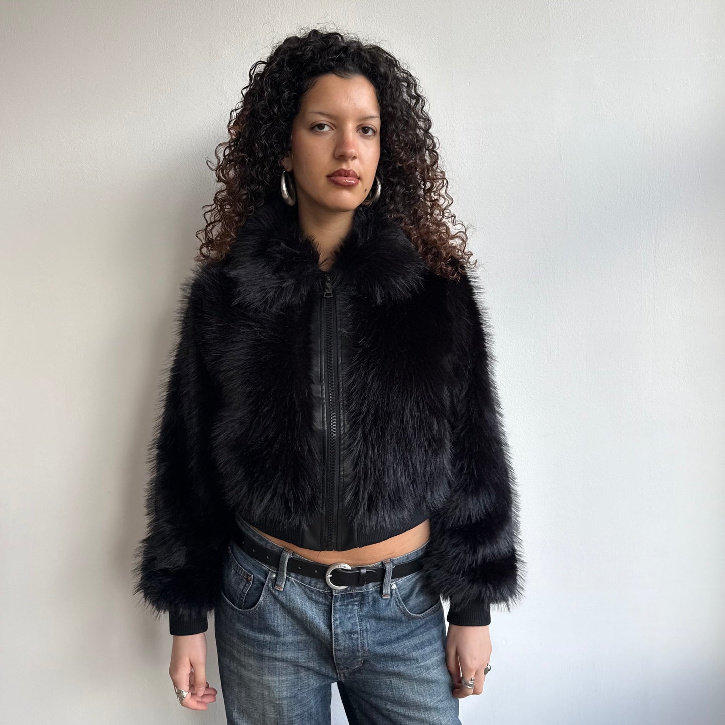 Black faux fur bomber - Size S