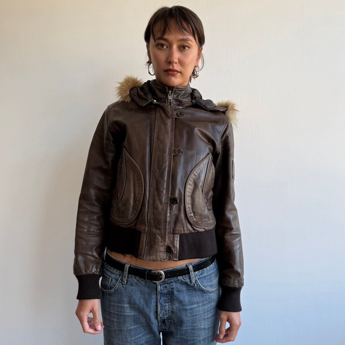 Brown leather fur hood bomber - Size M