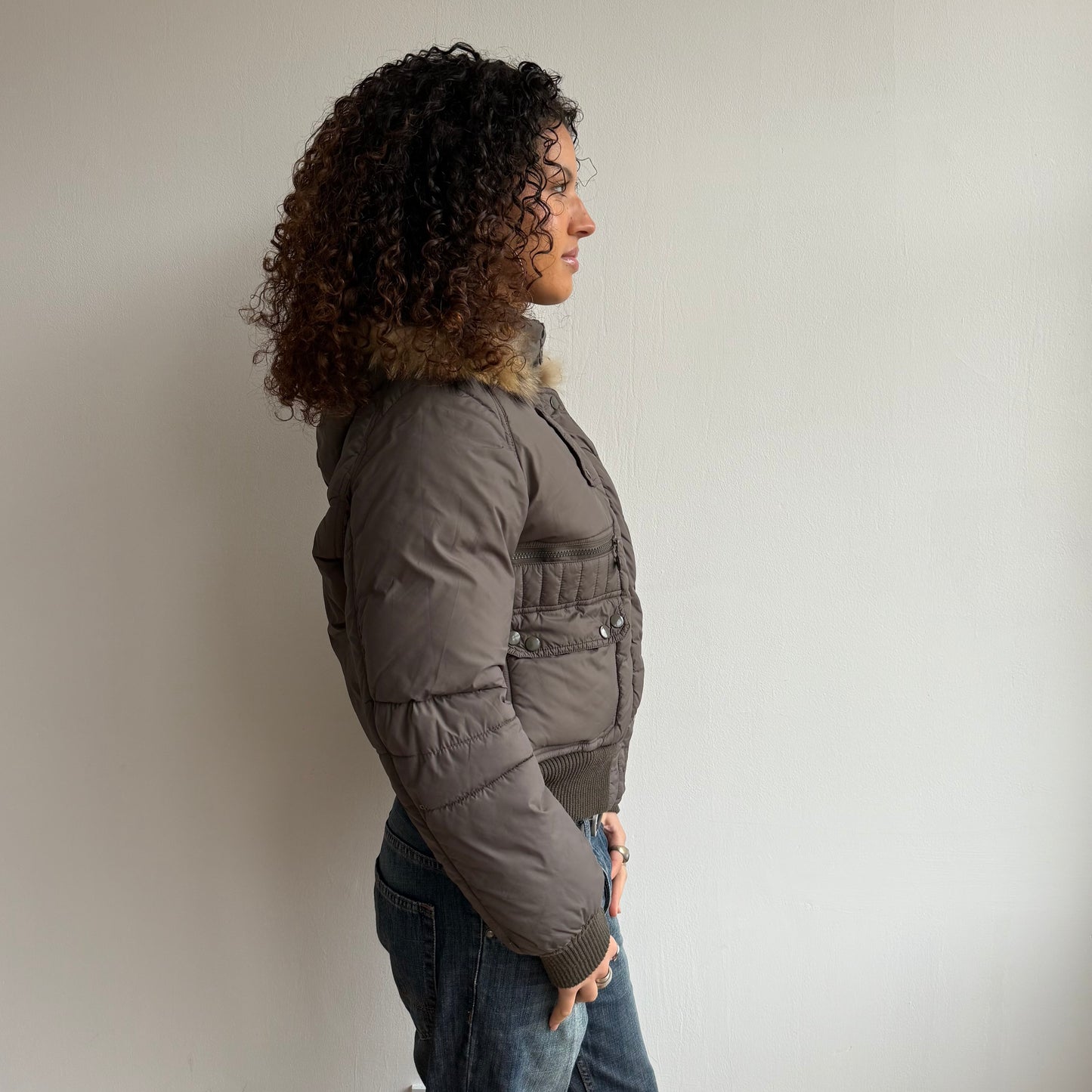 Brown fur trim puffer - Size M