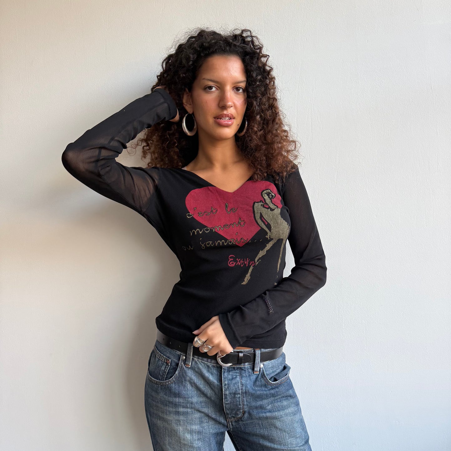 Black graphic mesh long sleeve top - Size S/M