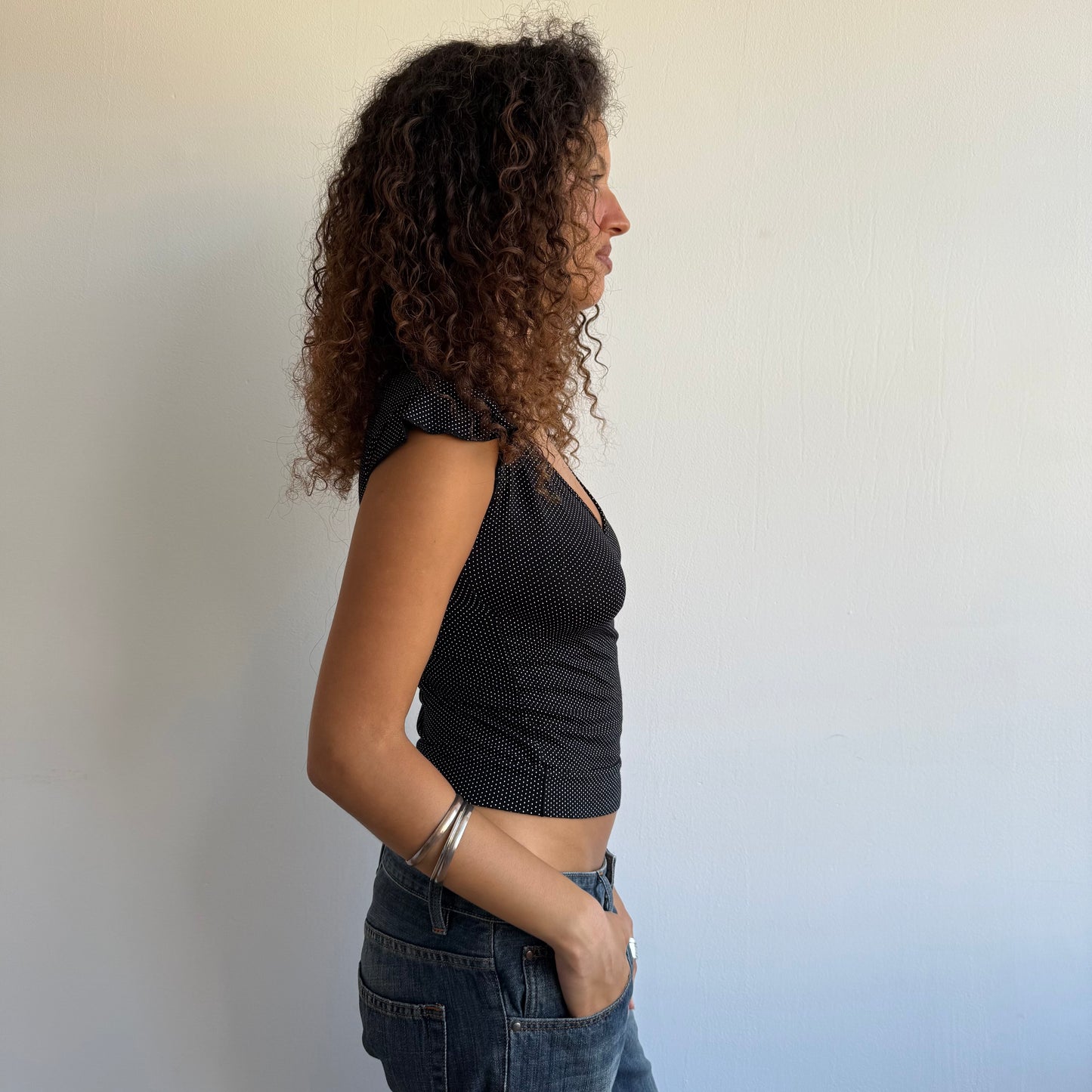 Micro polka dot wrap tie side top - Size Small