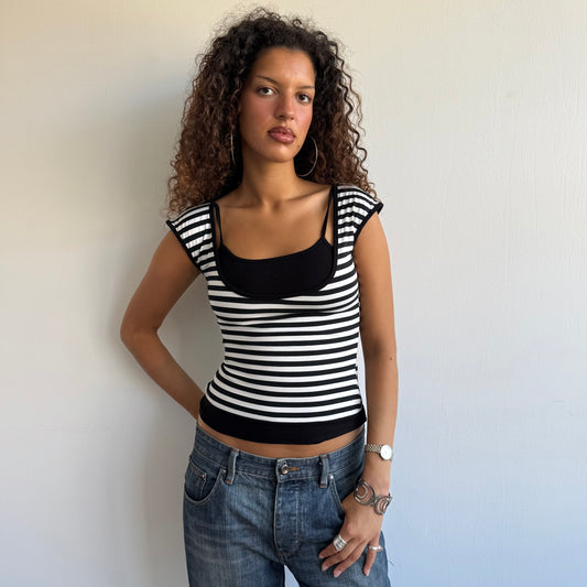 Black + white striped bardot top - Size S