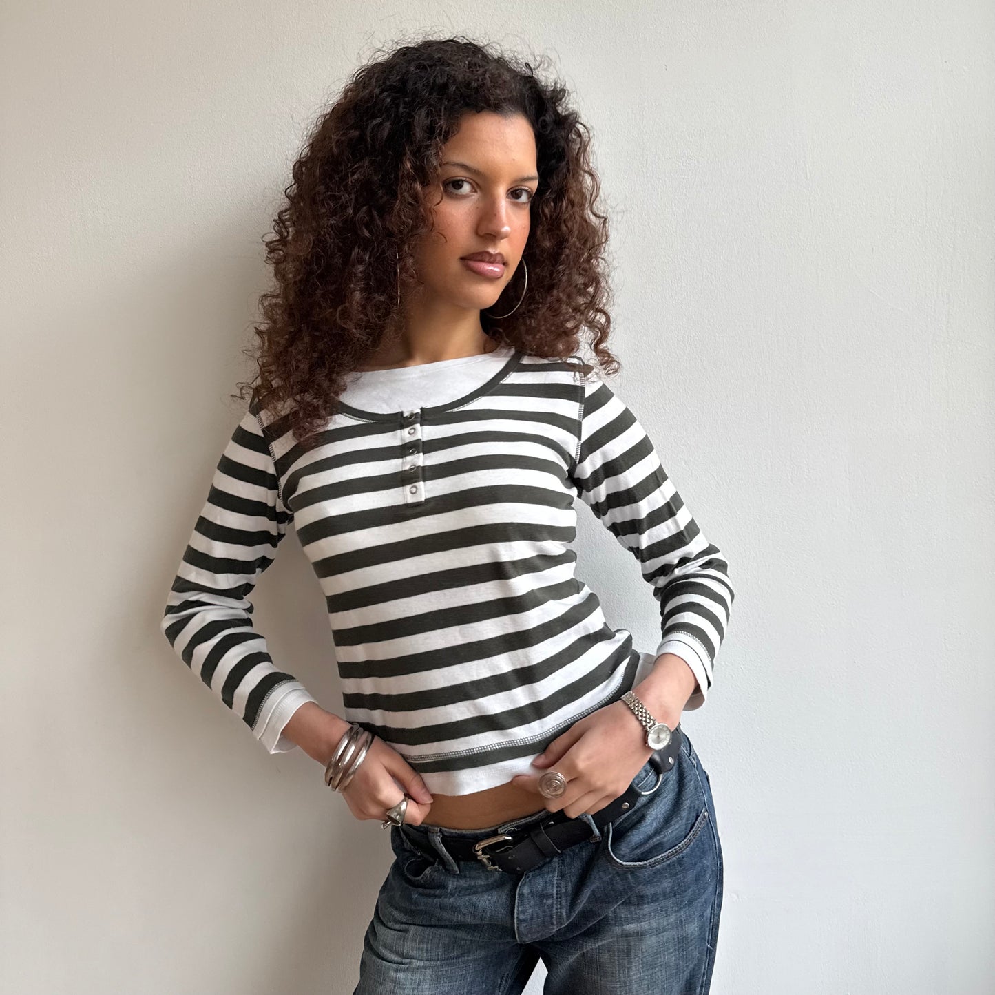 Green stripe long sleeve top - Size S